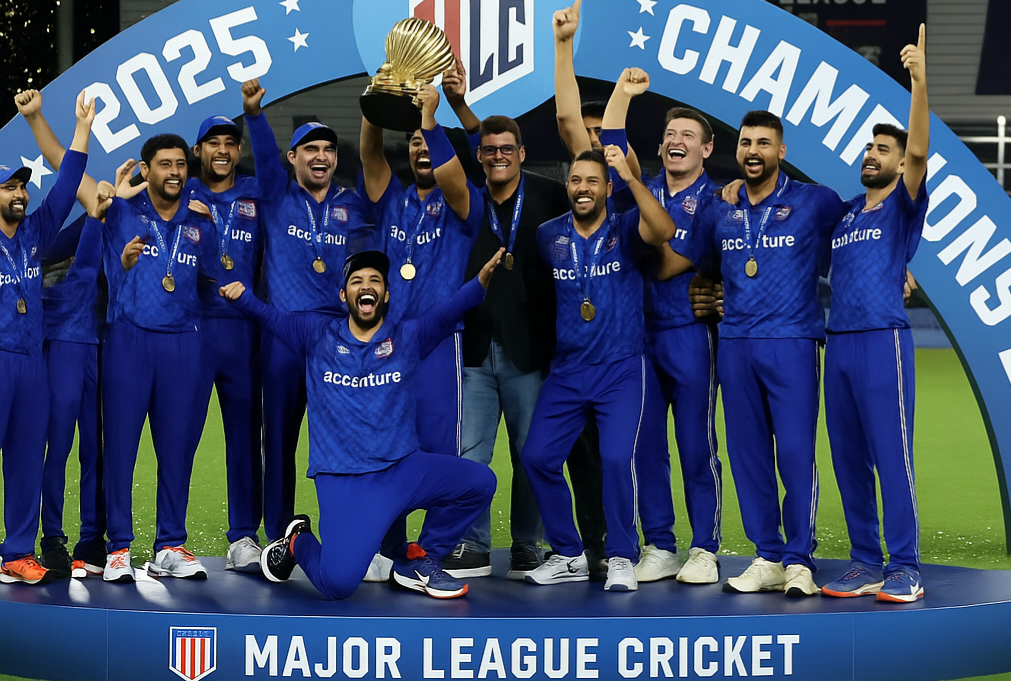 MI New York cricket team celebrates MLC 2025 championship win, players in blue jerseys lifting the trophy under the “Champions 2025” arch with confetti falling.