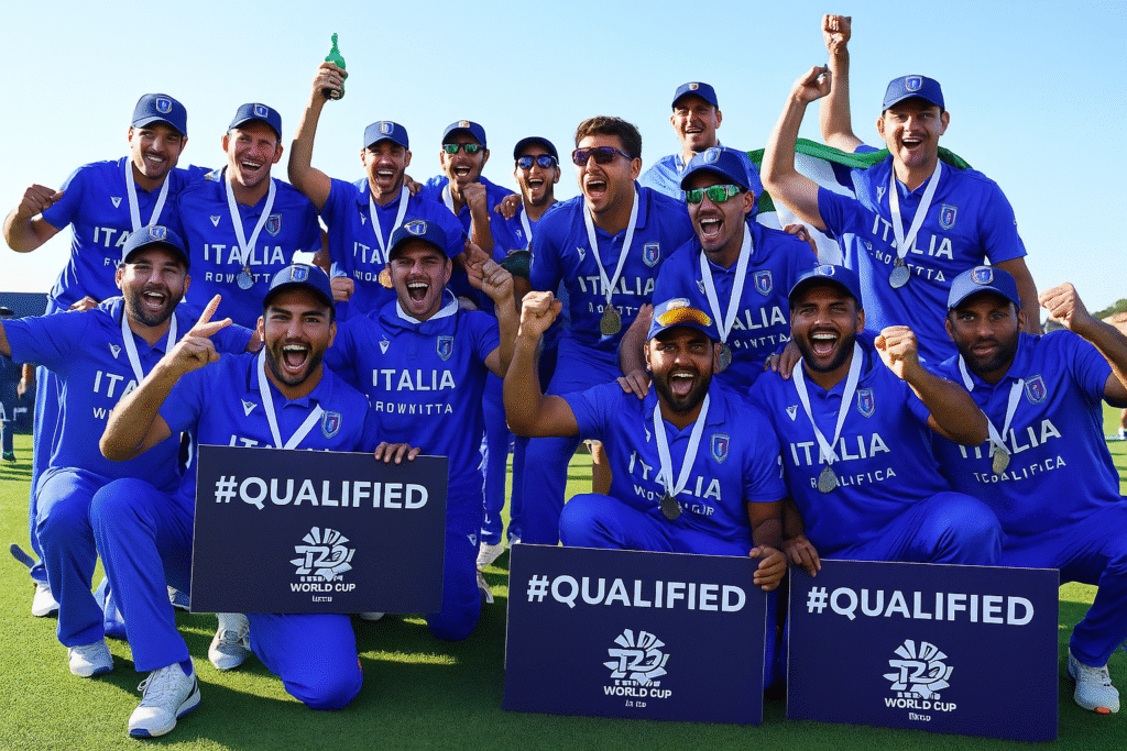 Italian cricket team players in blue jerseys celebrating their qualification for the 2026 T20 World Cup, holding “#QUALIFIED” placards and wearing medals.