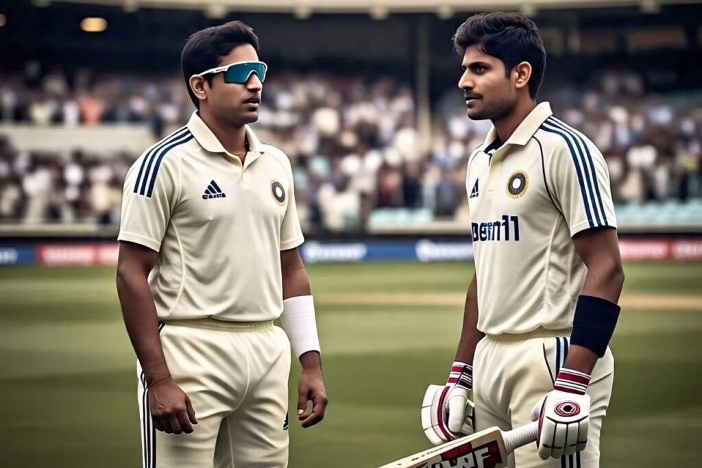Shubman Gill and Karun Nair in Indian Test jerseys facing each other surrounded by an English crowd.