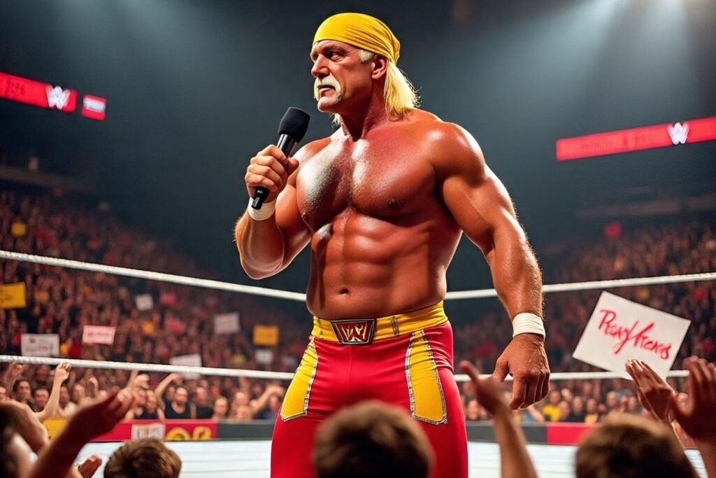 Hulk Hogan holding a microphone, speaking to an energetic WWE audience during a live wrestling event.