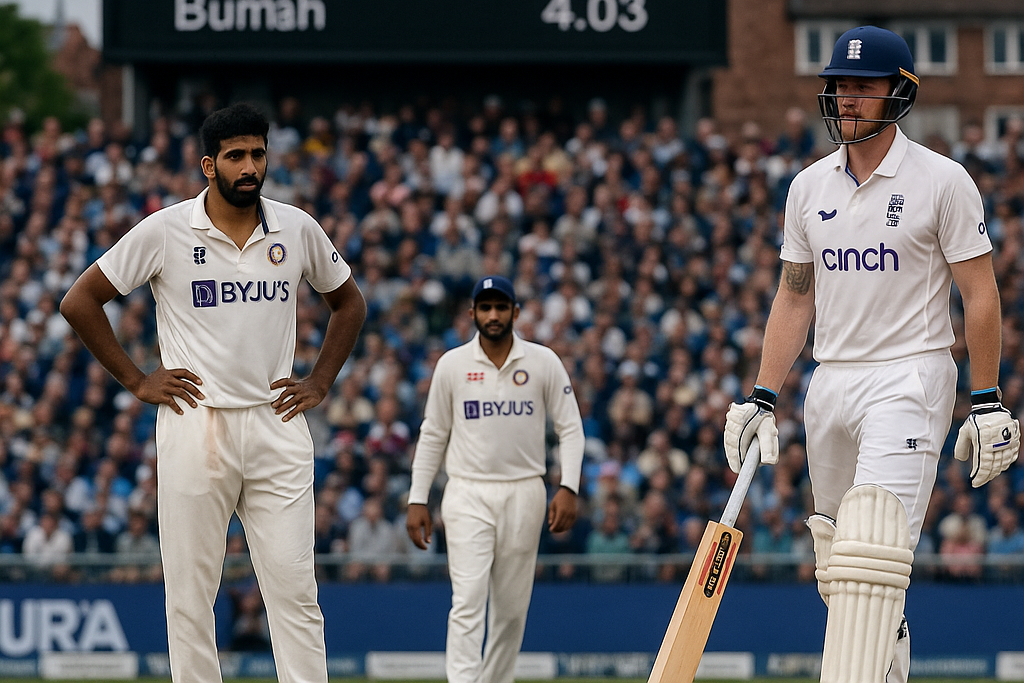 Ben Stokes batting at Old Trafford with Jasprit Bumrah watching, scoreboard showing England at 544 for 7, under cloudy skies with a packed crowd in the background.