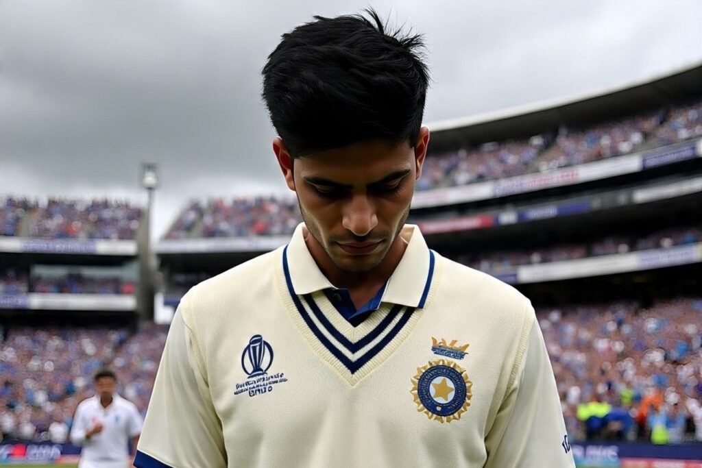 Shubman Gill looking disappointestanding at Lord’s Cricket Ground with English fans cheering in the background.