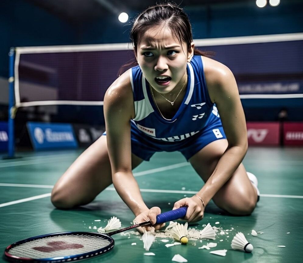 Indian female badminton player in a blue jersey breaking her racket on the court in anger and disappointment