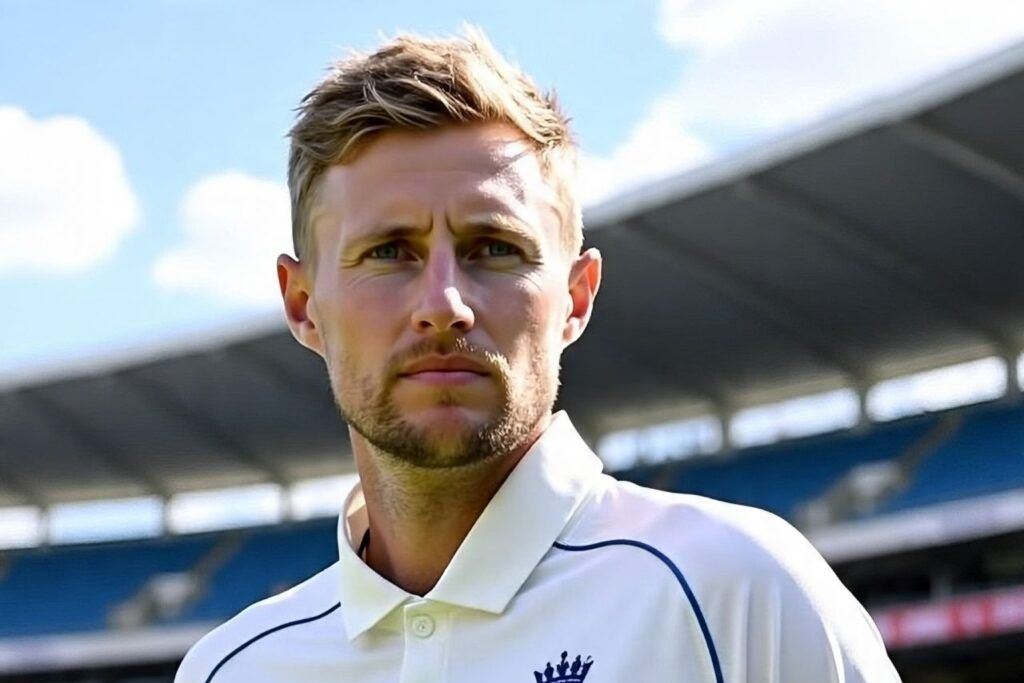 Joe Root after scoring a century against India at Old Trafford, wearing England’s Test whites with the crowd applauding in the background.