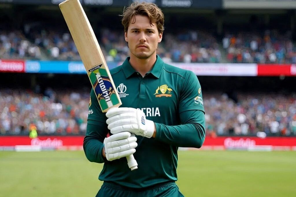 Tim David raises his bat after a record-breaking 102* in the 3rd T20I vs West Indies, the fastest T20I century by an Australian.
