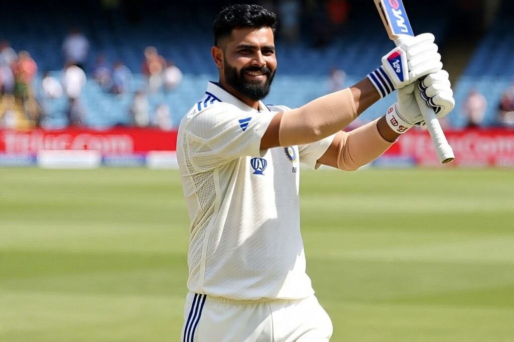 Ravindra Jadeja celebrates his fifth Test century during the Manchester Test 2025 against England.