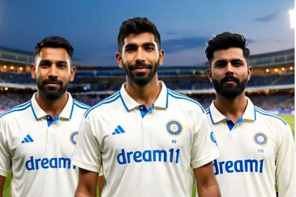 Mohammed Siraj, Jasprit Bumrah, and Ravindra Jadeja standing side by side on the field in Manchester.