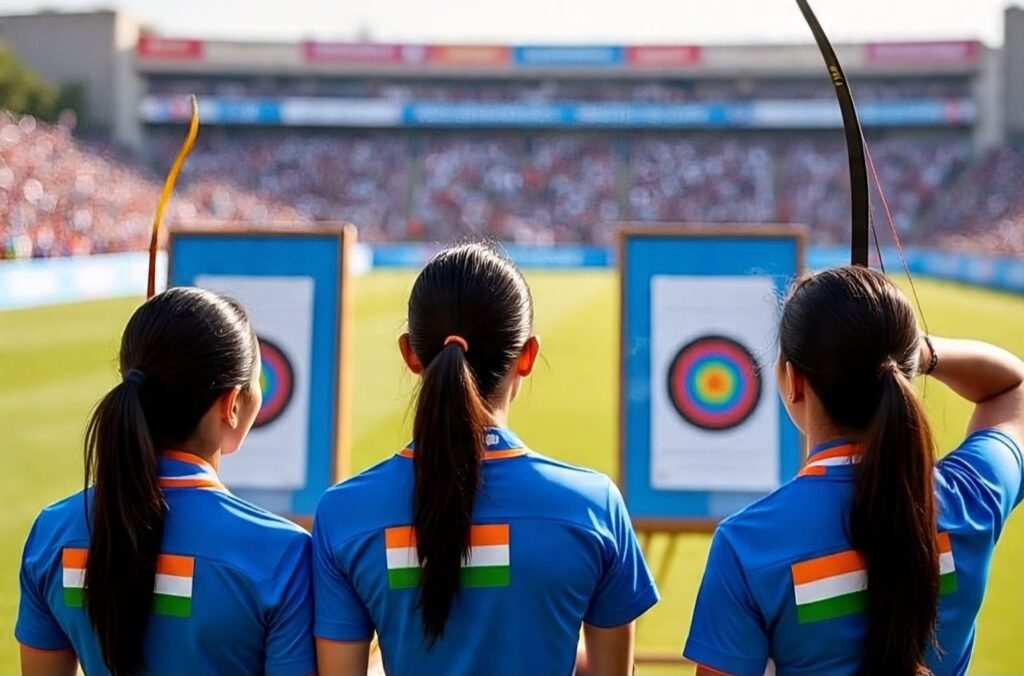 Three Indian female archers in blue jerseys seen from behind, holding bows and silver medals after finishing second in the women’s compound final at the 2025 Archery World Cup in Madrid.