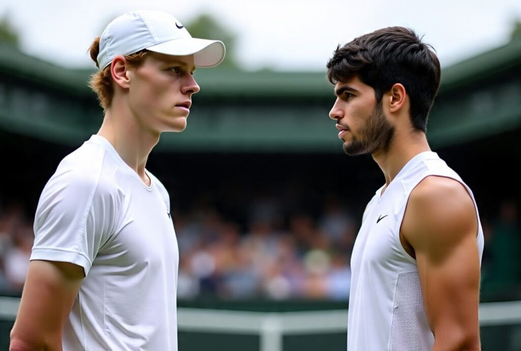 Jannik Sinner and Carlos Alcaraz stand across from each other on the Wimbledon grass court before the 2025 final.
