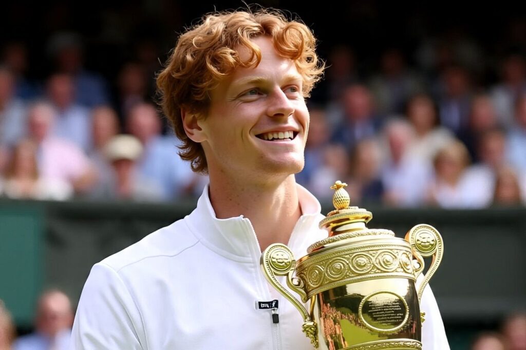 Jannik Sinner smiling while holding the golden Wimbledon trophy during the 2025 final presentation ceremony, wearing a white jacket and standing in front of a blurred crowd.
