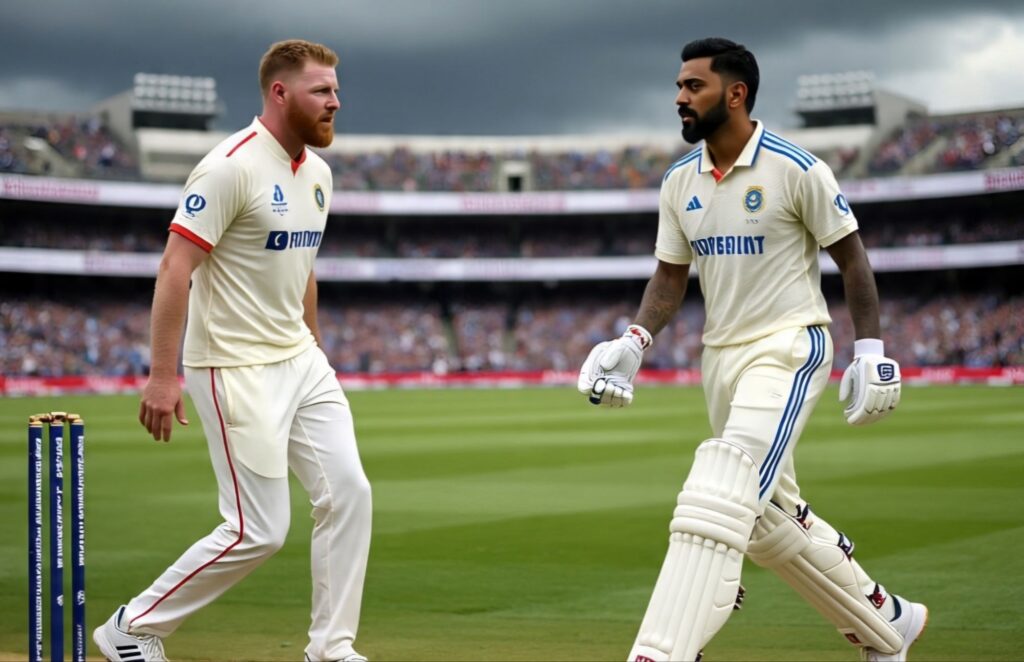 KL Rahul in India’s white Test jersey with Adidas stripes and Dream11 sponsor stands focused at the crease, facing England’s Ben Stokes in a white jersey with red side stripe and Toyota logo at Lord’s Cricket Ground under overcast skies.