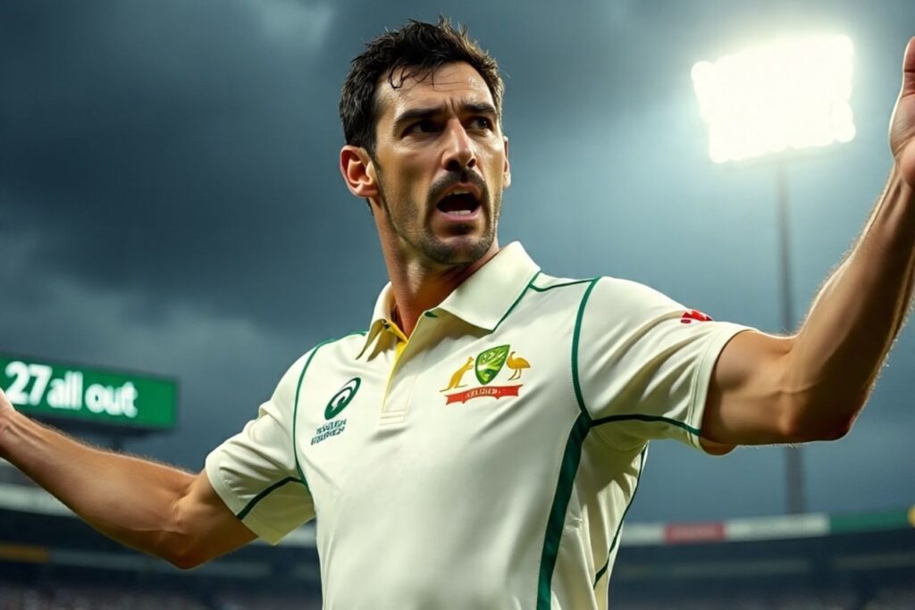 Mitchell Starc celebrates aggressively after taking a wicket during Australia vs West Indies Test, with the scoreboard in the background showing '27 all out'.