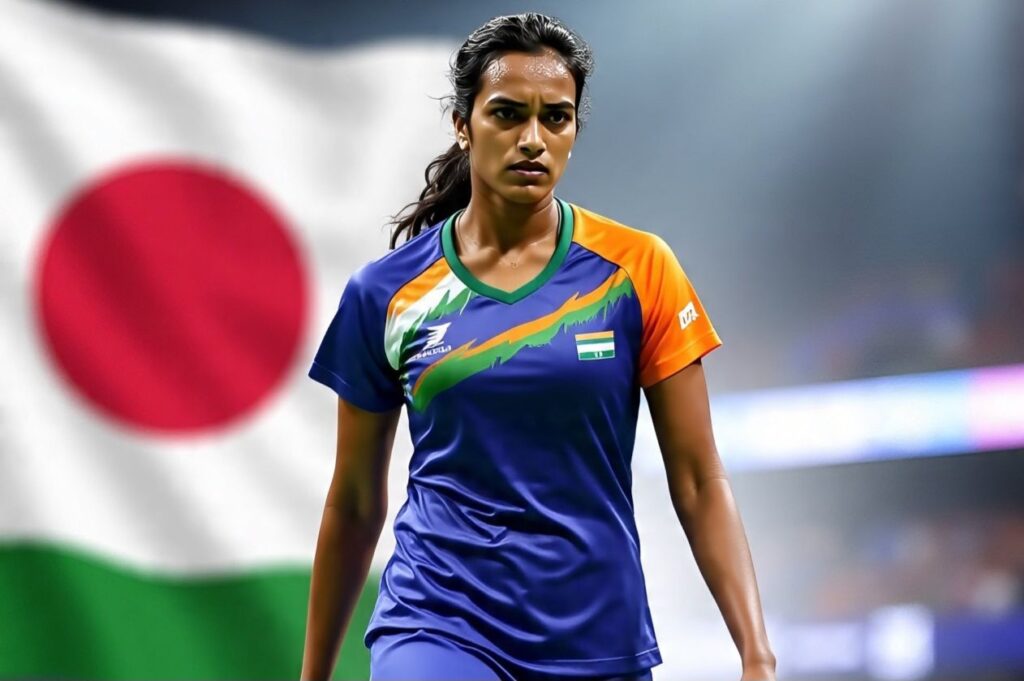 Indian badminton star PV Sindhu exits the court dejectedly after losing her match at the Japan Open, holding her racquet with a disappointed look.
