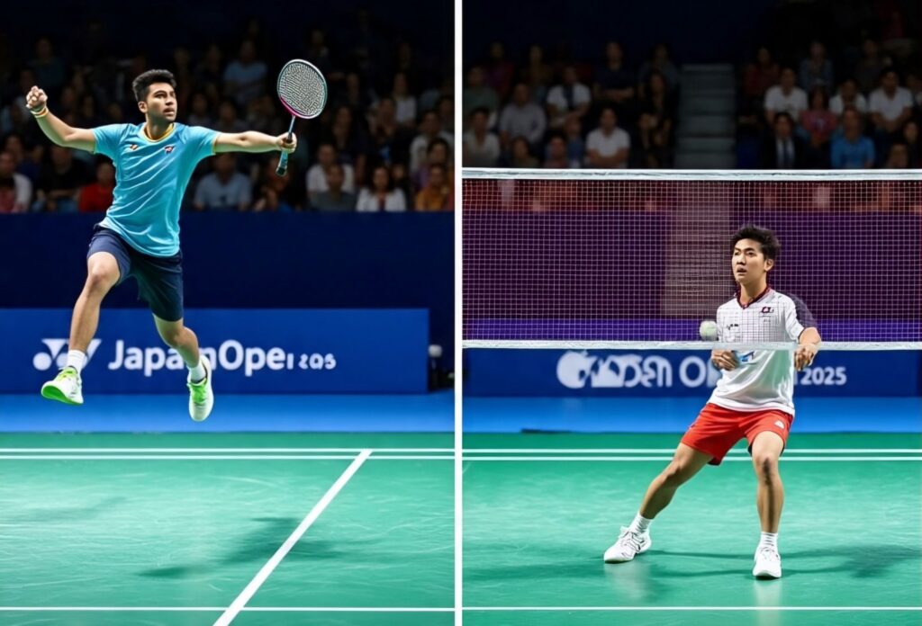 Badminton action at Japan Open 2025 featuring an Indian singles player leaping for a smash and a doubles pair attacking from both front and back court, with nets placed between opponents.