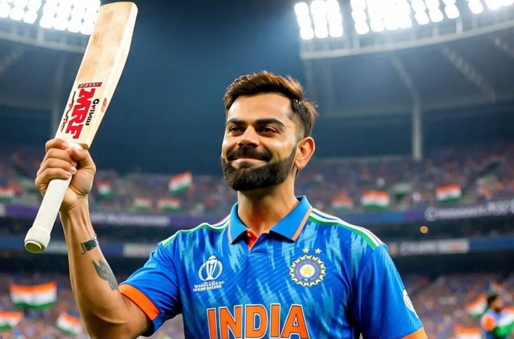 Virat Kohli in India’s 2024 T20 World Cup jersey, raising his bat with intensity, wearing deep blue kit with tricolour stripes and “INDIA” across the chest, celebrating in front of a packed stadium.