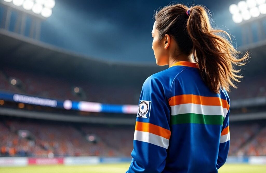 Indian women’s hockey player seen from behind in blue national jersey, celebrating her FIH Magic Skill Award 2024 win after the team’s FIH Pro League exit.