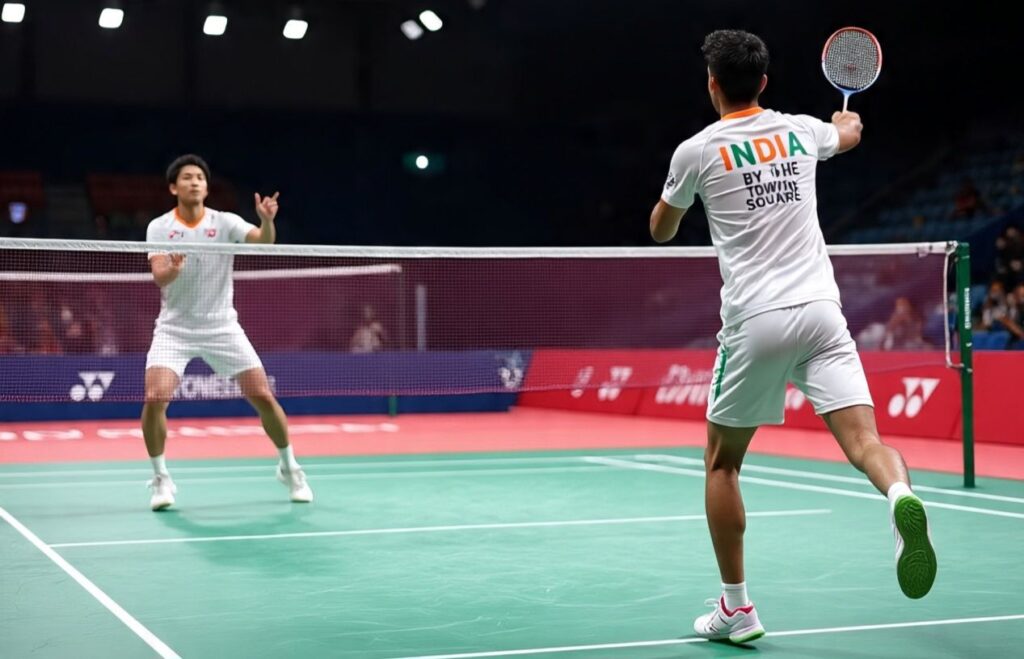 Indian shuttler Lakshya Sen seen from behind, jumping to smash against Japanese opponent Kodai Naraoka