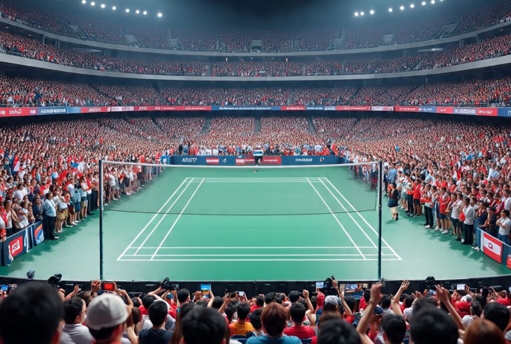 Full house at an indoor badminton arena during the Japan Open 2025