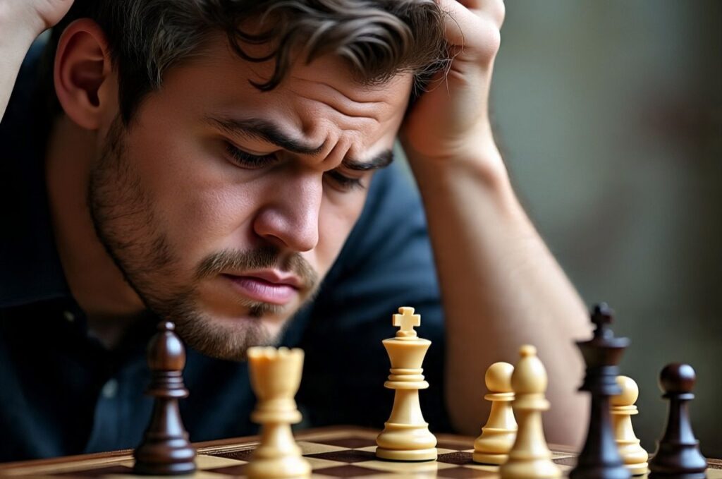 Magnus Carlsen showing visible frustration after losing to R Praggnanandhaa.