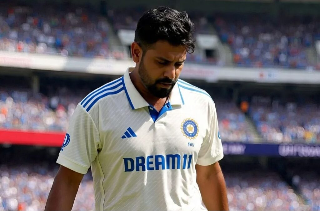 Karun Nair in Indian Test jersey with three blue Adidas stripes and Dream11 sponsor logo, walking off the field after dismissal in a Test match.