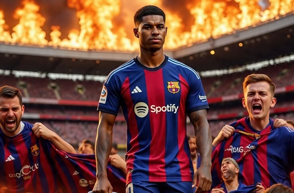 Marcus Rashford wearing a Barcelona jersey, while devastated Manchester United fans in red shirts cry in the background with Old Trafford stadium on fire.