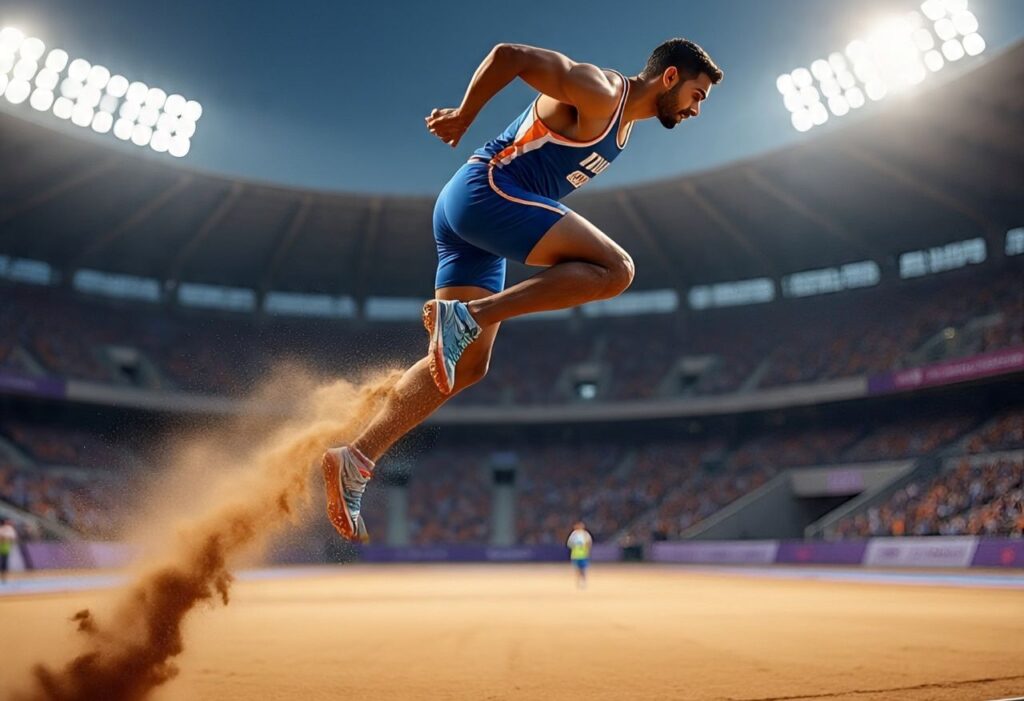 Murali sheeshankar powerful leap at an athletics event.
