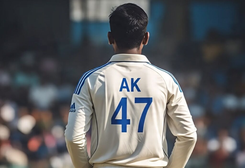Anshul Kamboj depicted from behind in India’s white Test jersey with blue Adidas stripes, wearing name “AK” and number “47,” representing his readiness for Old Trafford debut.