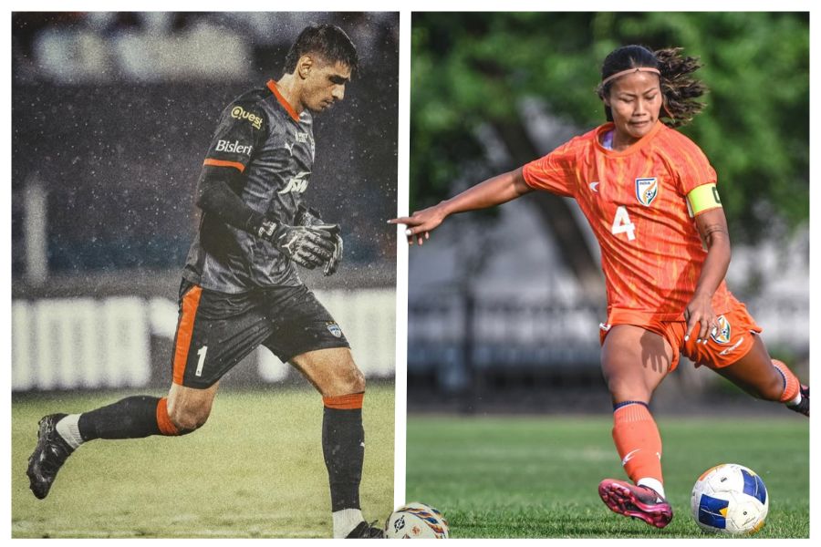 Indian footballers Ashalata Devi and Gurpreet Singh Sandhu in action on the field, representing the women’s and men’s national teams respectively.