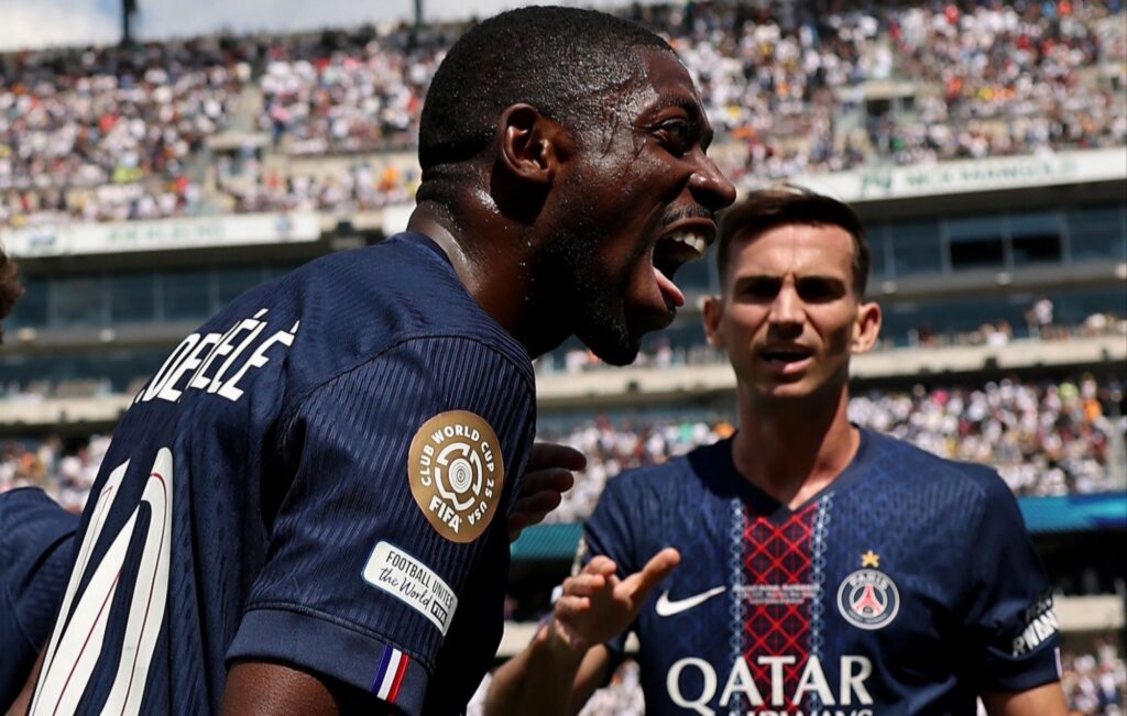 Ousmane Dembélé screams in celebration after scoring for PSG in the 2025 FIFA Club World Cup semifinal vs Real Madrid.