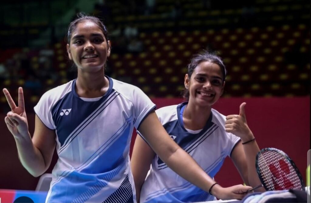 Indian women’s doubles pair Rutaparna and Swetaparna Panda playing.