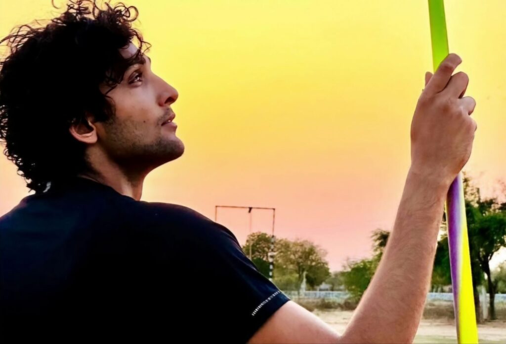 Indian javelin thrower Sahil Silwal holding the javelin before his run-up.