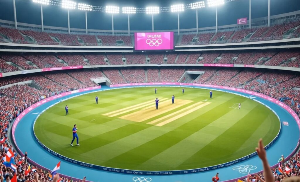 Official graphic showing cricket’s return to the Olympics at LA 2028, featuring T20 matches with six teams per gender at a new stadium in Pomona, USA.