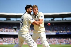 India’s Prasidh Krishna argues with Joe Root during the Oval Test as KL Rahul and umpire Kumar Dharmasena look on.